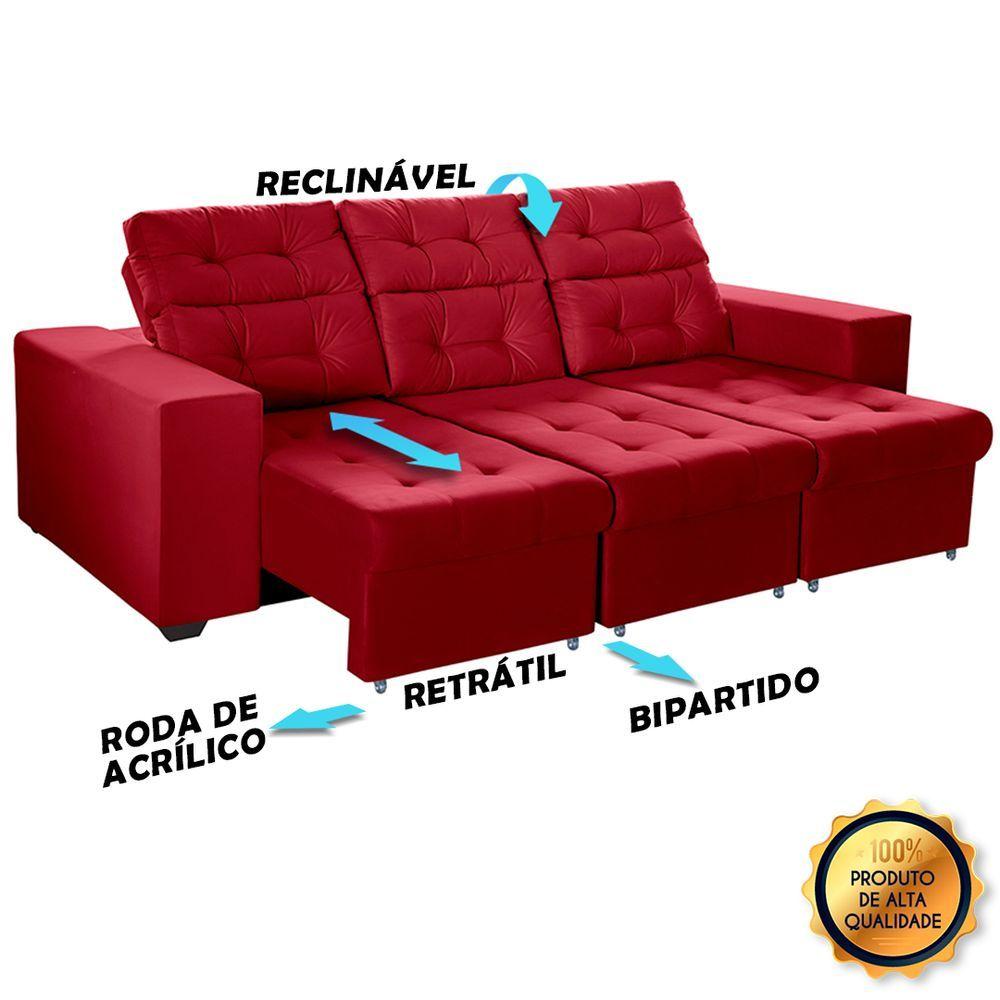 Miniatura Sofá 4 Lugares 2,25m Retrátil +2 Puffs Pés Palito Vermelho