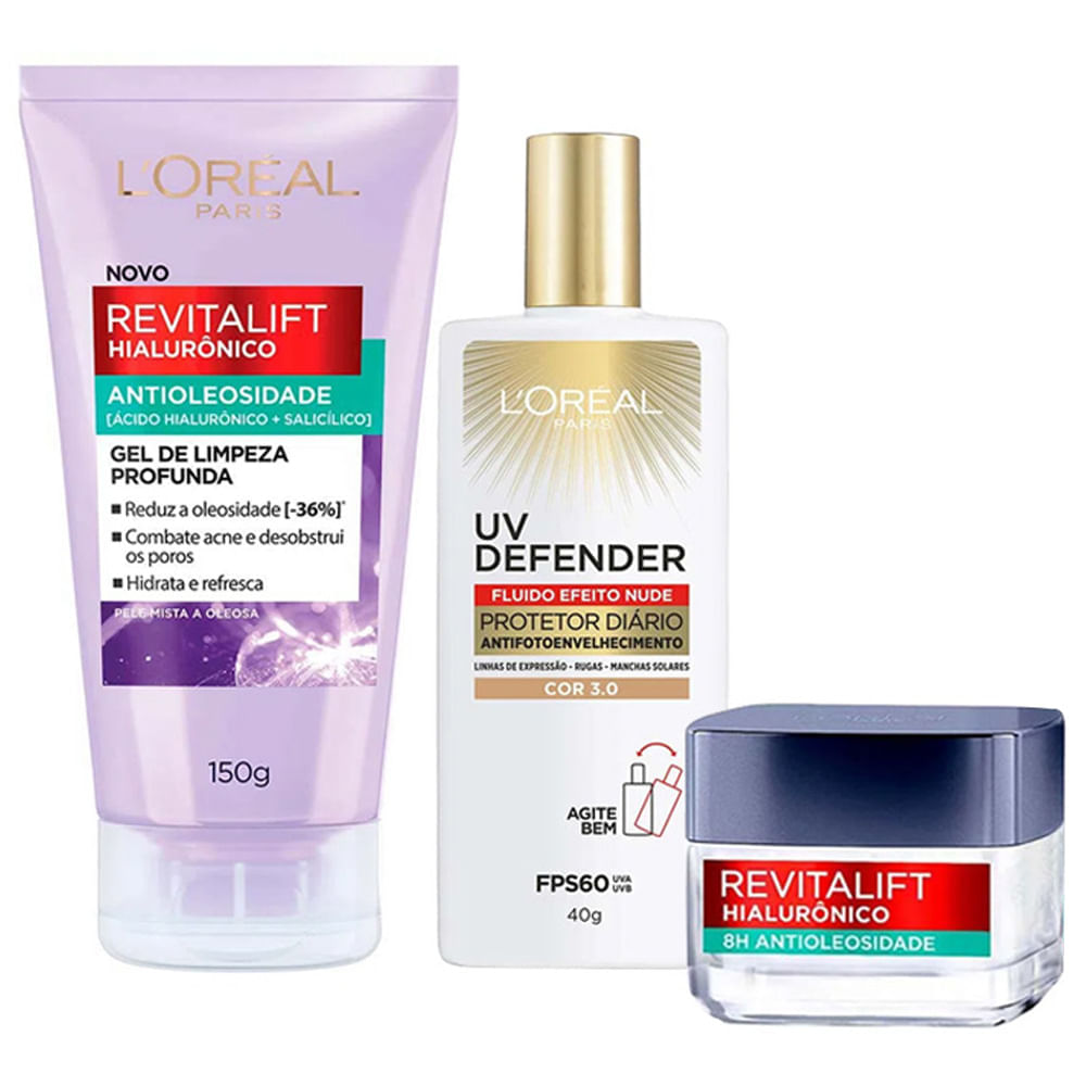 Miniatura L’Oréal Paris Kit - Gel Oil Control Hialurônico 150g + Gel Creme Hidratante Oil Control 50ml + Protetor Solar Fluido Facial UV Defender FPS60 Média Kit