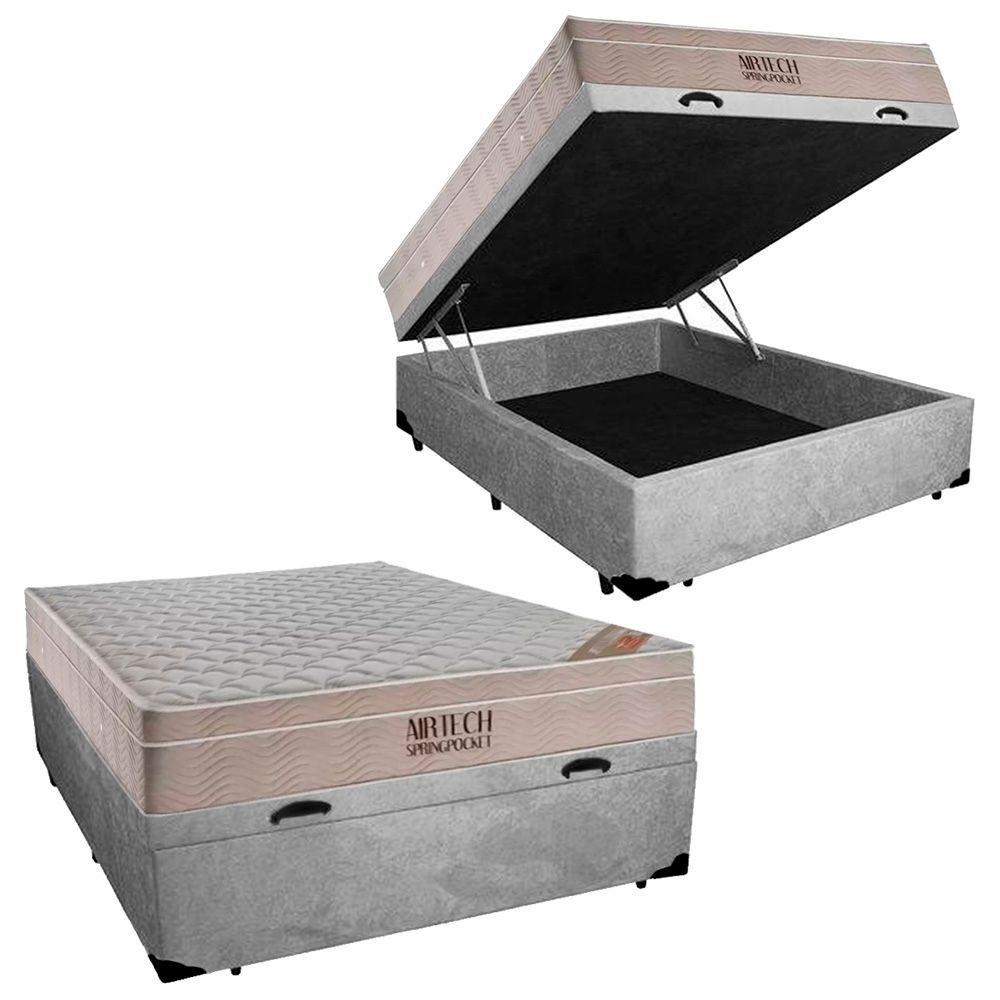 Miniatura Cama Box Baú Casal Suede + Colchão Ortobom Airtech Molas Ensacadas 138x188x65 Cinza