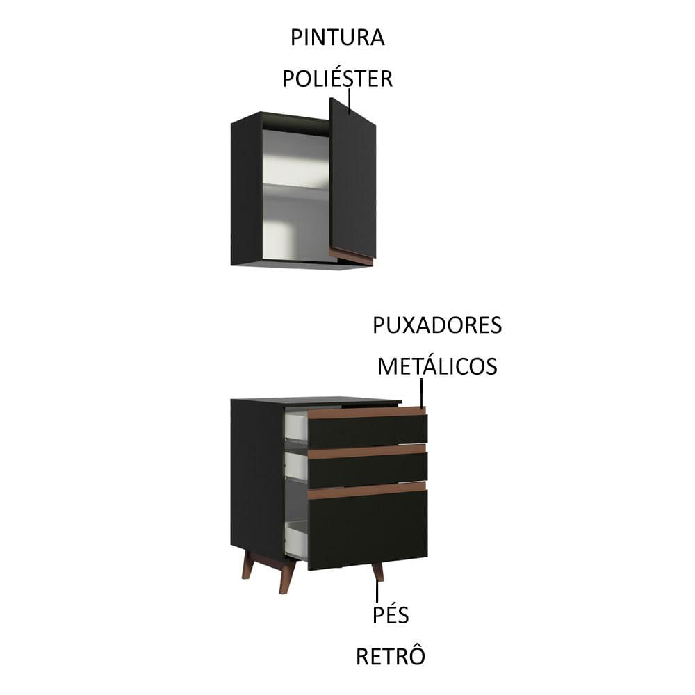 Miniatura Kit Armário de Cozinha Aéreo e Balcão com 3 Gavetas 60 cm Preto Reims Madesa Preto
