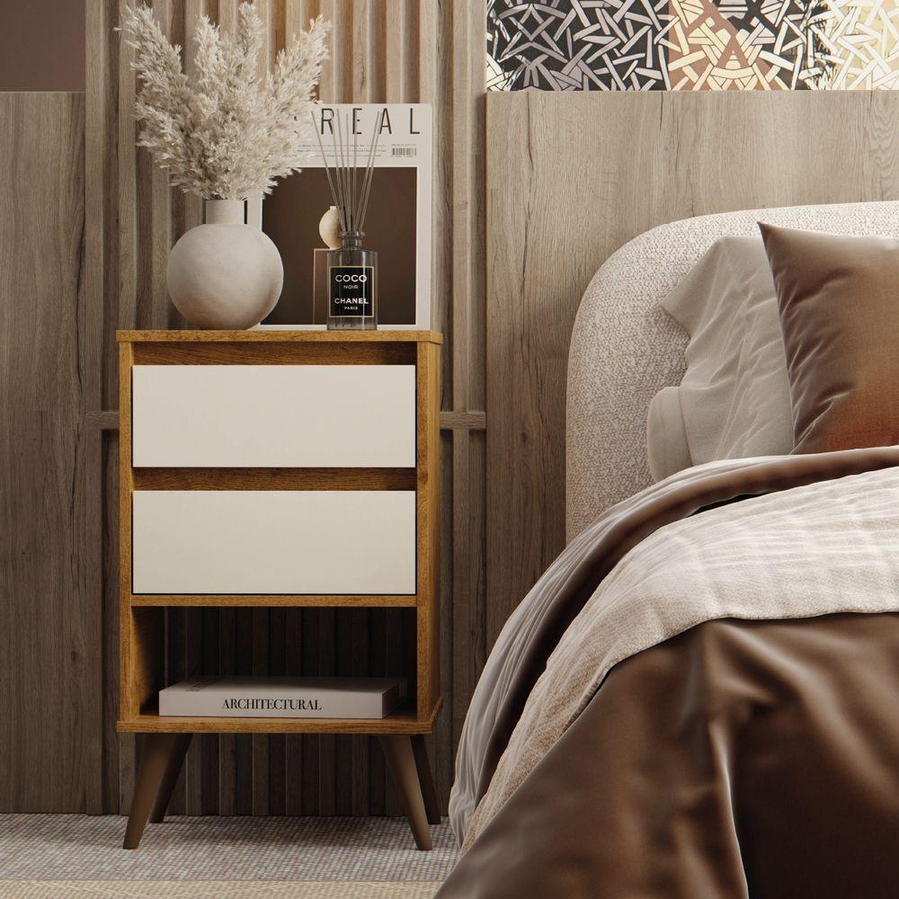 Mesa De Cabeceira Taurus 2 Gavetas 1 Nicho Pés De Madeira Retrô Freijó / Off White Ej Móveis Freijo Off White