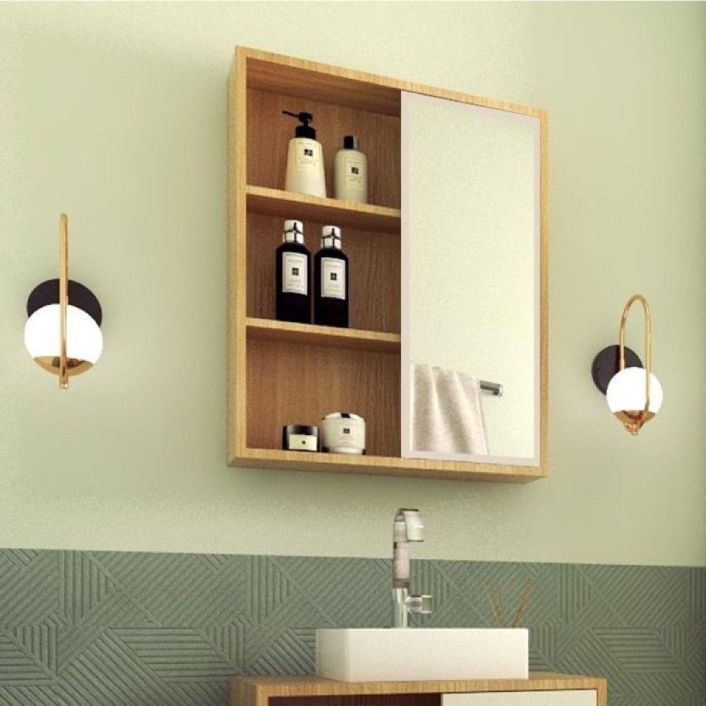 Gabinete de Banheiro 60cm Julia com Balcão 1 Porta Correr e Espelheira sem Cuba Mel/Arenas