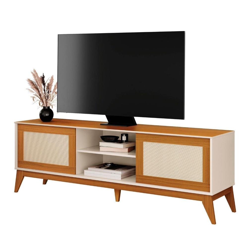 Miniatura Rack 100% MDF para Tv 75 Polegadas com Portas em Tela Rattan Andros Rack para Tv 75 Polegadas com Portas em Tela Rattan Andros Off White