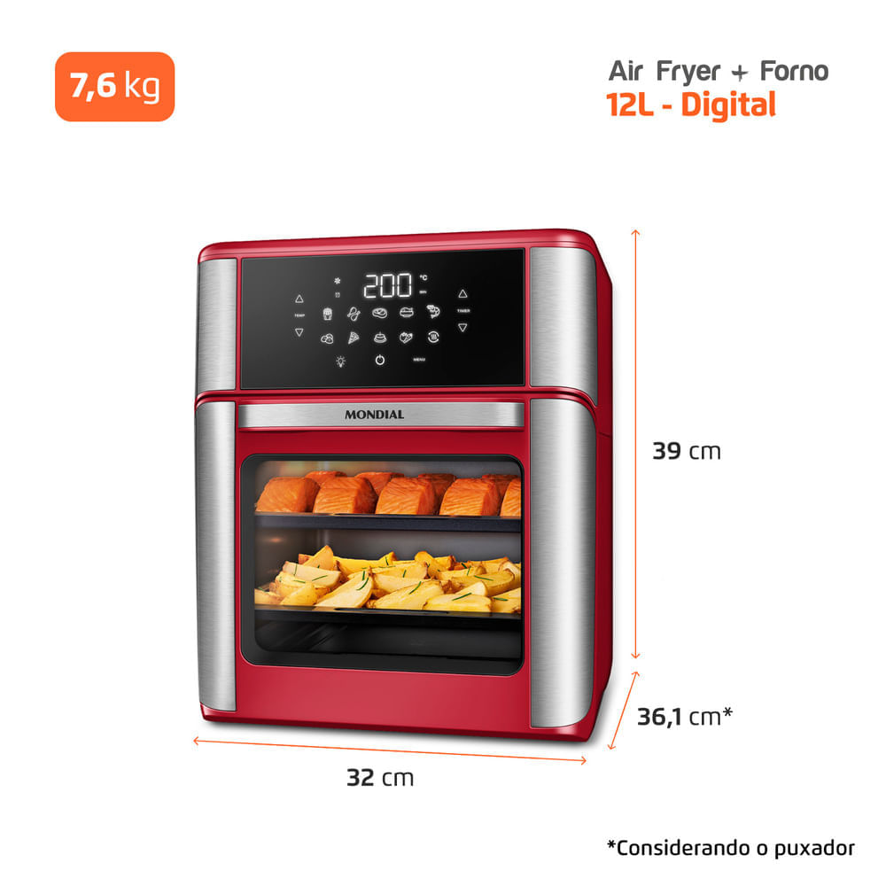 Fritadeira Air Fryer Forno Oven 12L Mondial Vermelho/Inox 2000W - AFON-12L-RI 127V
