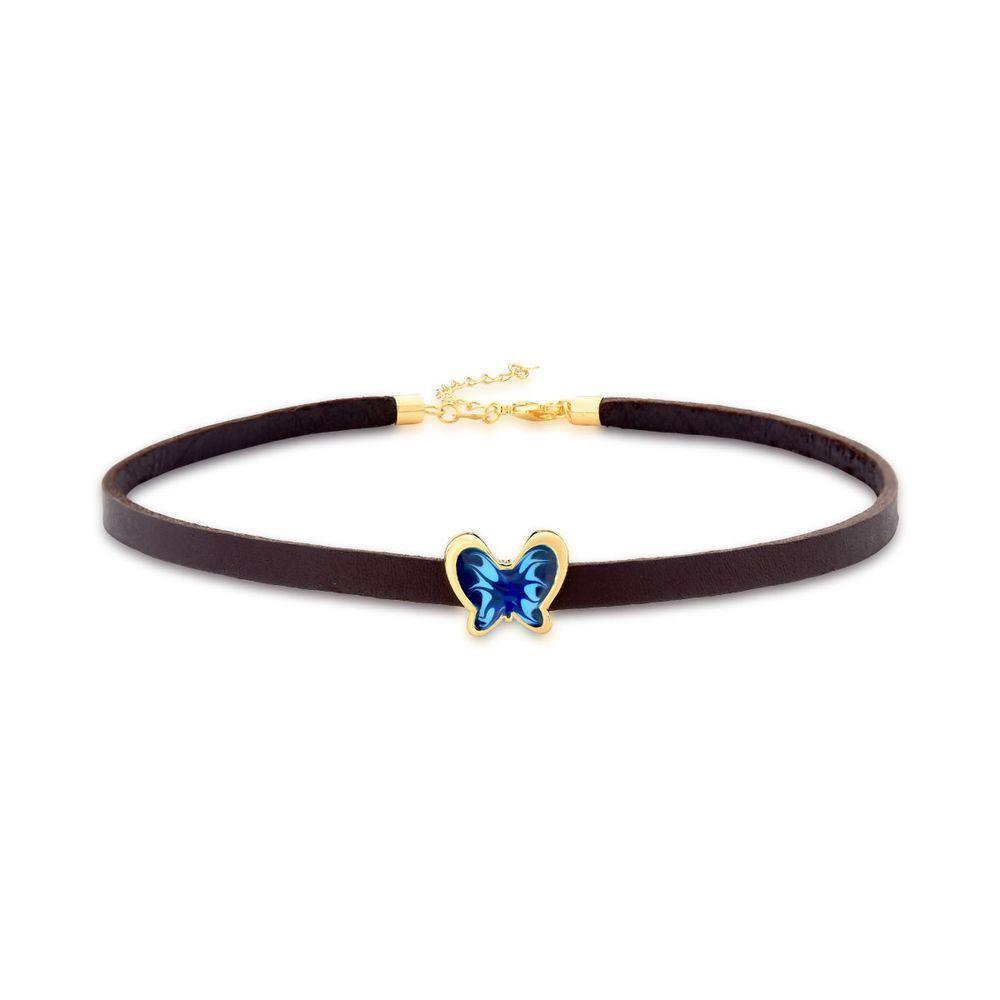Miniatura Choker Em Couro Com Borboleta-azul Revestida Em Ouro