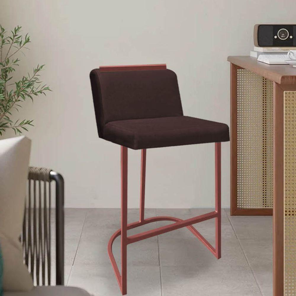 Miniatura Banqueta Com Encosto Nynna Luxo Confort Bistrô Cozinha Ferro Bronze Suede Marrom - Amey Decor