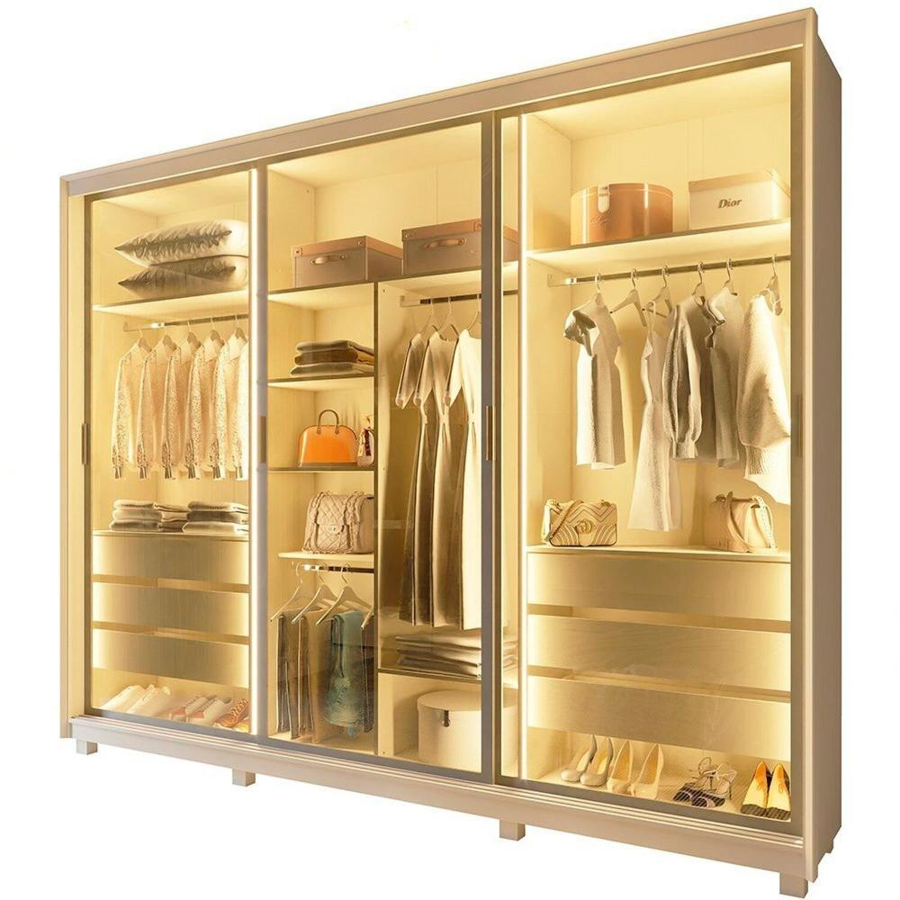Guarda-roupa Casal 3 Portas Reflecta com Pés e Led 100% Mdf Platinum Off White