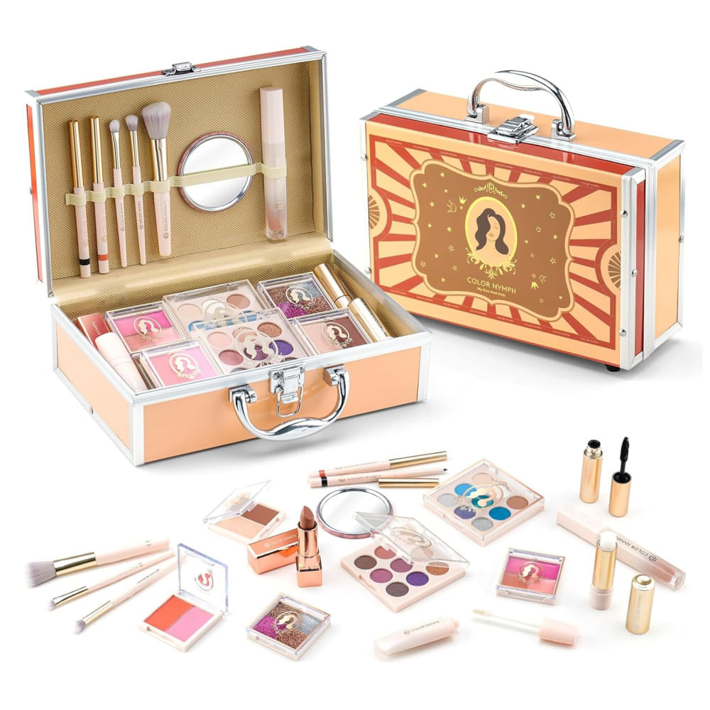 Miniatura Kit de Maquiagem Infantil com 41 Peças e Estojo para Adolescentes de 12 a 16 Anos, Color Nymph Retrô, Vermelho 110v