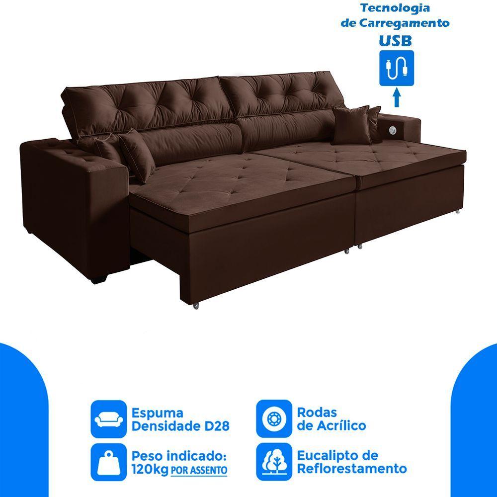 Miniatura Sofá 3 Lugares Retrátil, 2,02 M Tecnologia Usb Marrom