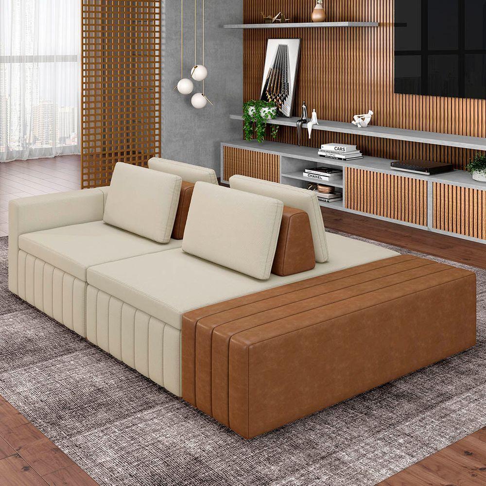 Sofá Ilha E Puff Sala Living 245cm Siesta M22 Linho Cru/marrom - Mpozenato