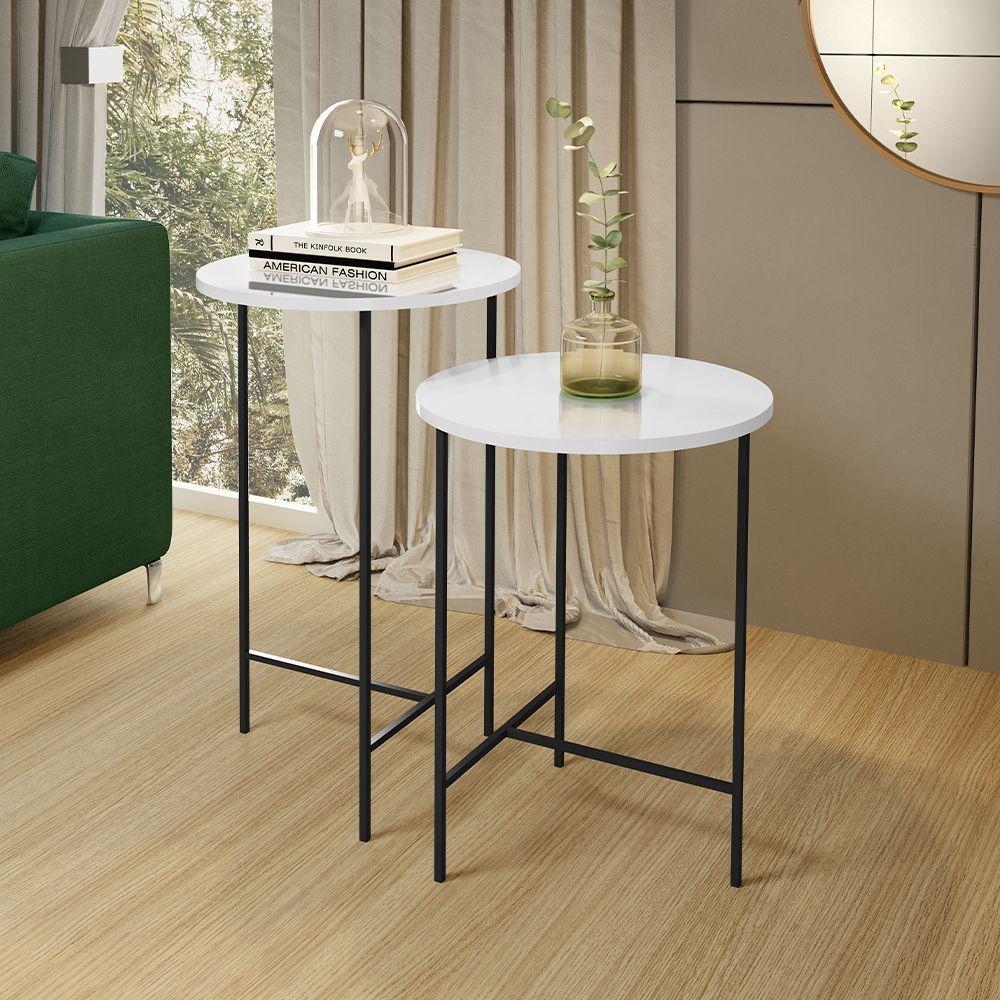 Miniatura Jogo Com 2 Mesas De Canto Redonda Para Sala De Estar Lírio - Branco - Branco