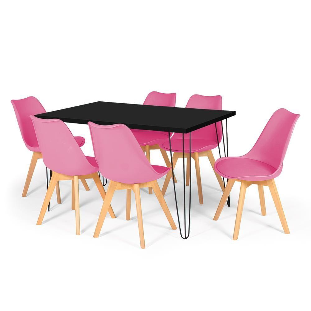 Miniatura Conjunto Mesa De Jantar Hairpin 130x80 Preta Com 6 Cadeiras Eiffel Leda - Rosa