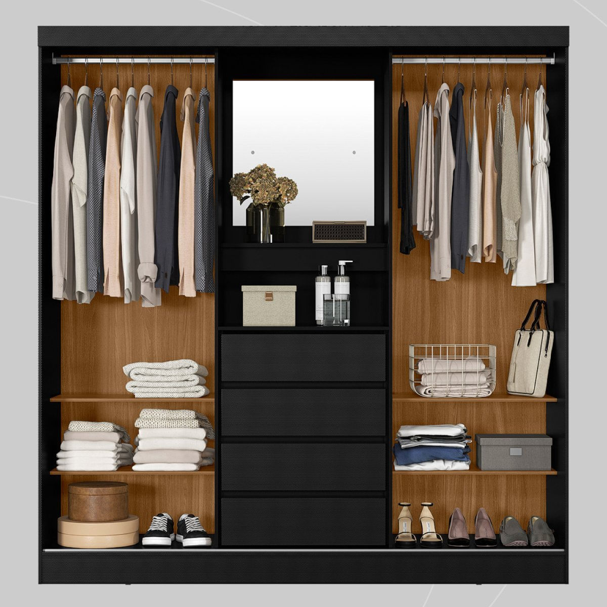 Guarda Roupa Solteiro com Espelho 2 Portas de Correr 4 Gavetas Itália Yescasa Amêndola/Preto Prime TX