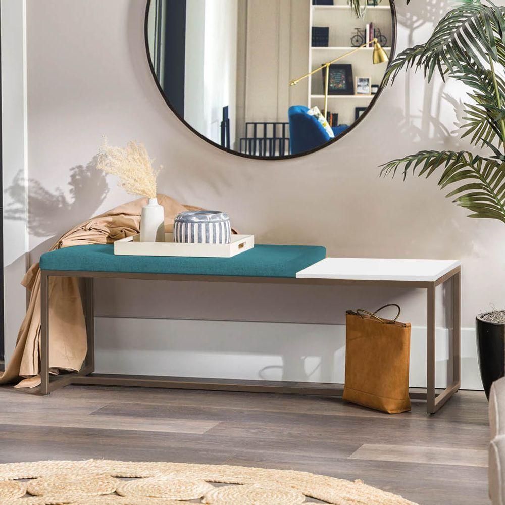 Miniatura Banco Recamier Puff 195cm Industrial Marrom Suede Azul Turquesa Tampo Quadrado Mdf Branco