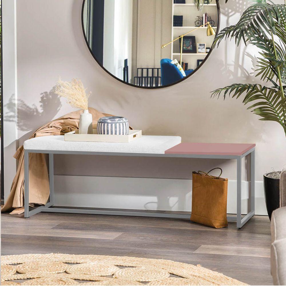 Miniatura Banco Recamier Puff London 140cm Industrial Prata Suede Branco Tampo Quadrado Mdf Rose