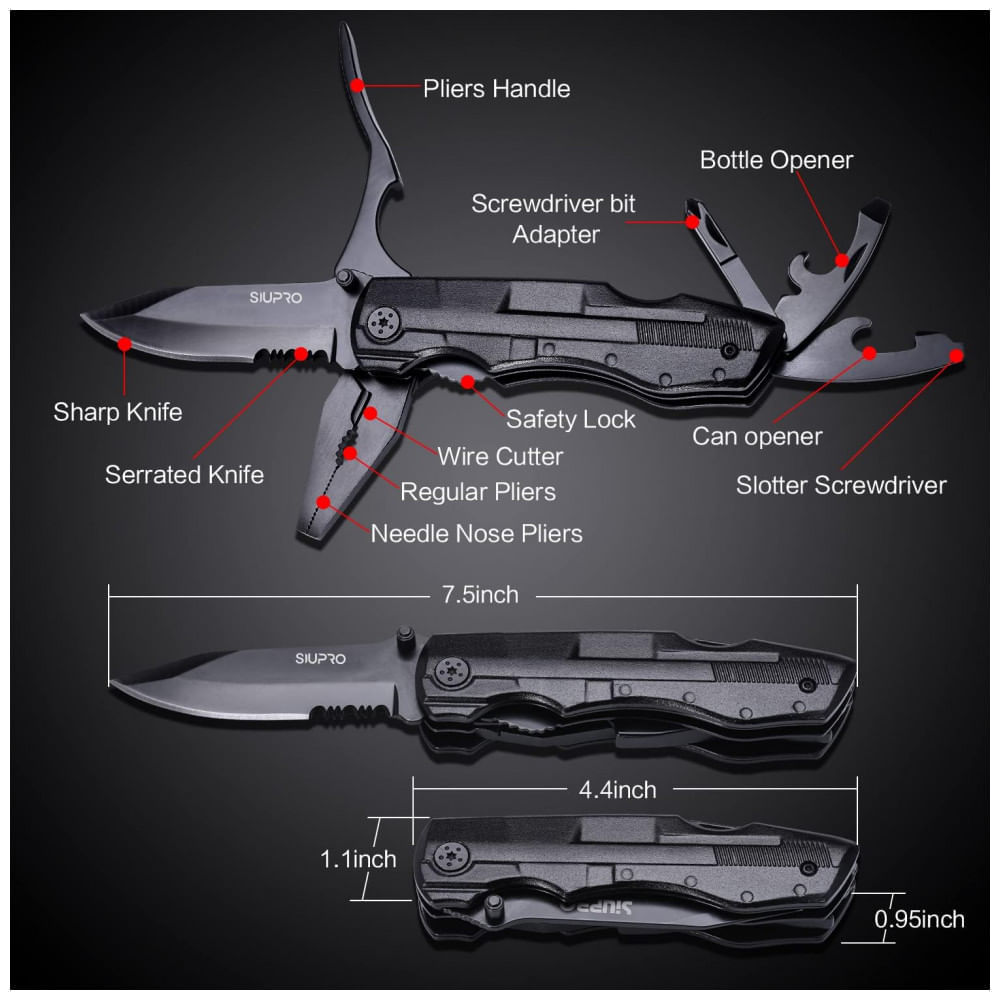 Miniatura Alicate Multifuncional, Aço Inoxidável com Estojo de Nylon e Conjunto de Bits, SIUPRO, Preto