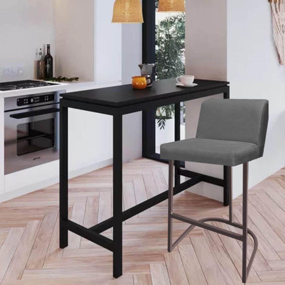 Miniatura Banqueta Com Encosto Noah Luxo Confort Bistrô Cozinha Ferro Marrom Suede Cinza - Amey Decor