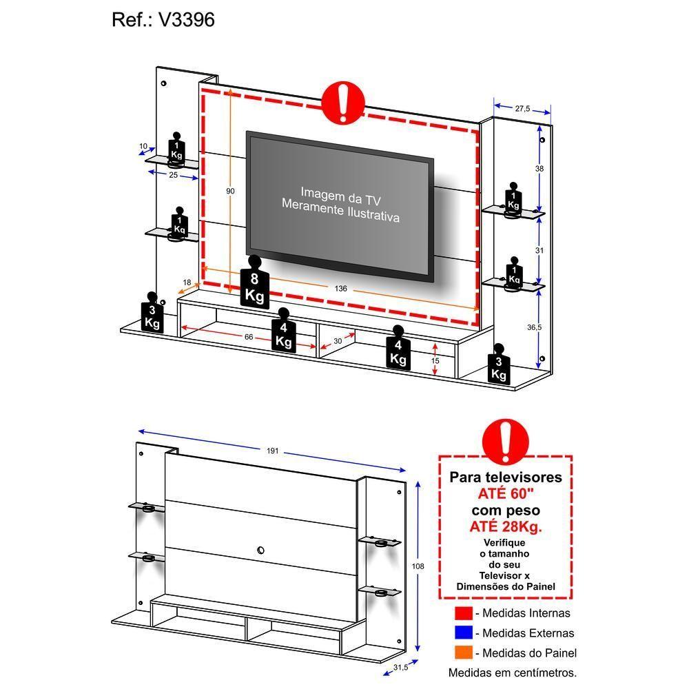 Miniatura Painel Tv 60" Com 4 Leds Vegas Multimóveis V3396 Madeirado Madeirado