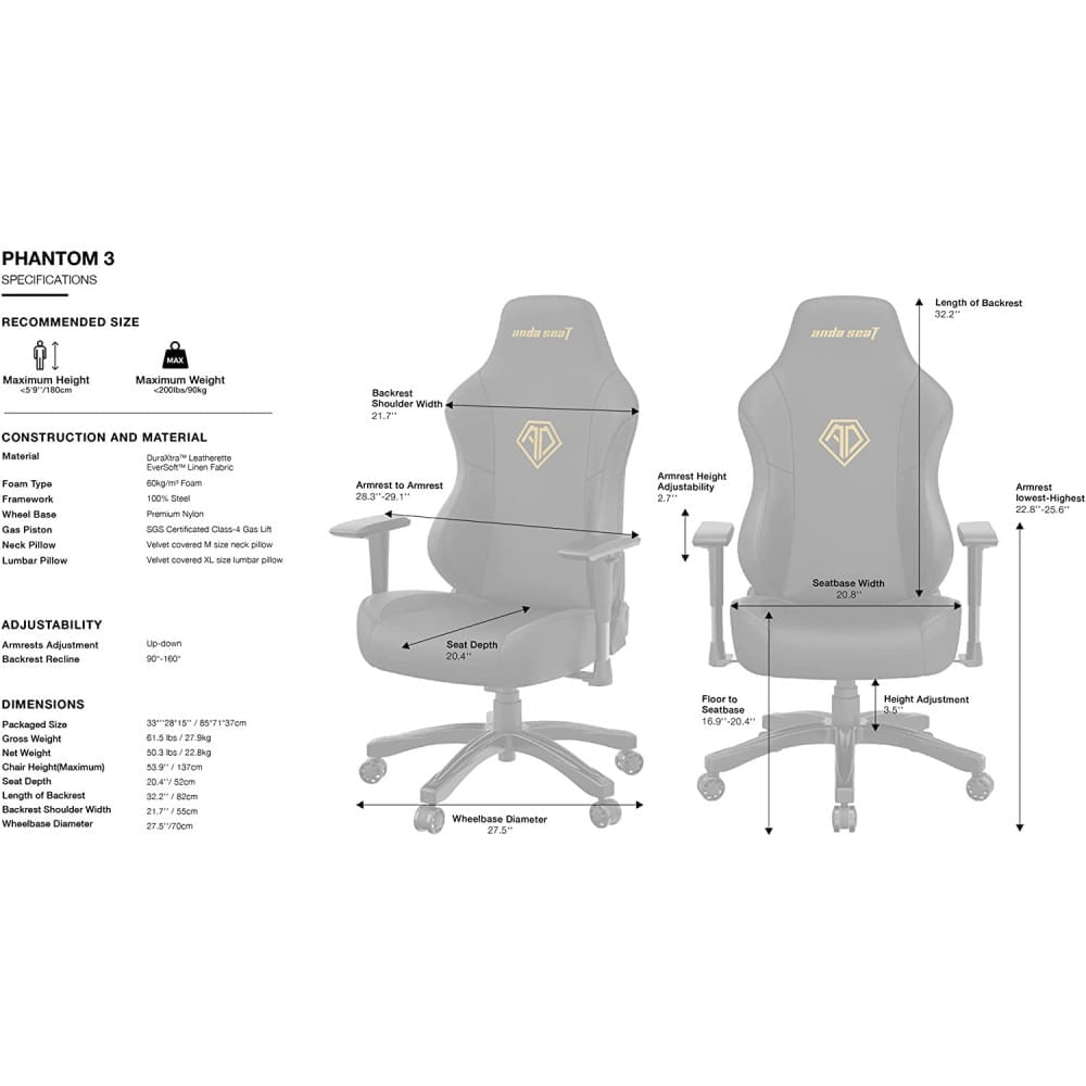 AndaSeat Phantom 3 Cadeira Gamer Giratória e Reclinável em C ouro Sintético Preta