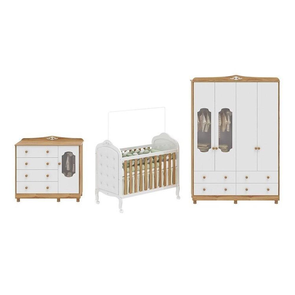 Miniatura Quarto de Bebê com Guarda-Roupa Cômoda e Berço com Capitonê 100% MDF Maya Provençal Espresso Móveis Branco Brilho/Amêndoa/Branco
