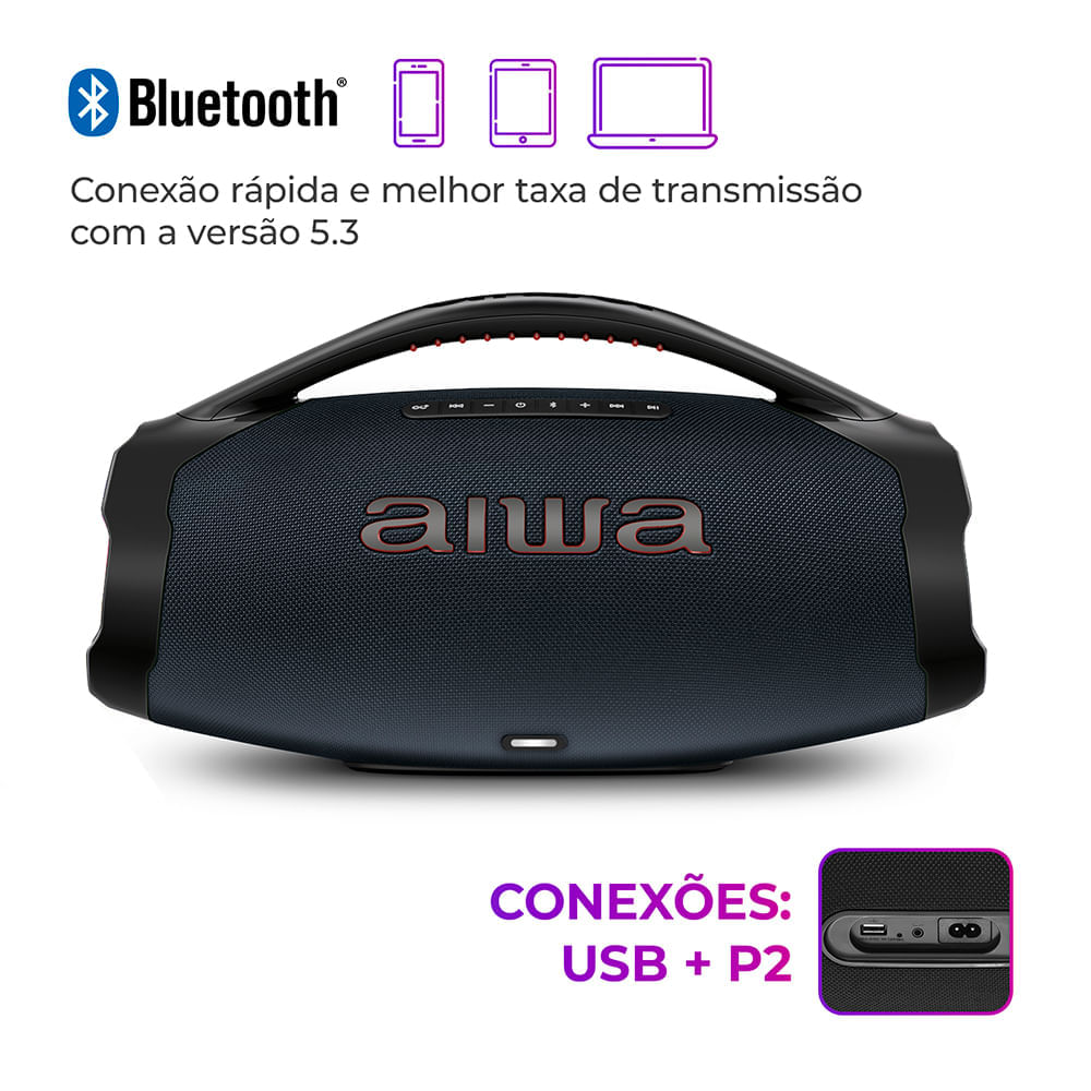 Caixa de Som Boombox Plus AIWA BBS-01-LBL 200W BT 30H IP66 USB RGB BOOMBOX C/ LUZES AWS-BBS-01-LBL BIVOLT