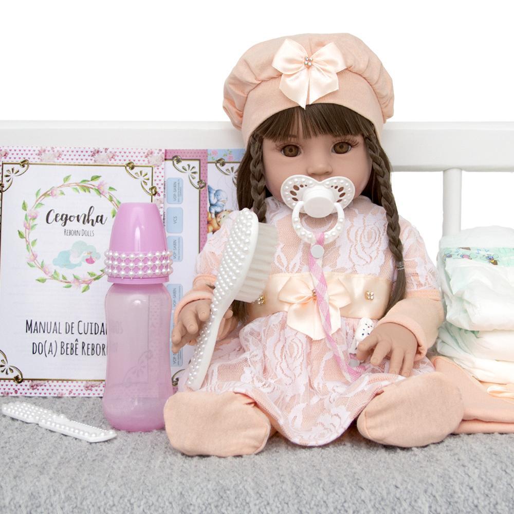 Miniatura Boneca Bebê Reborn 100% Silicone Cabelos Castanhos 13 Itens