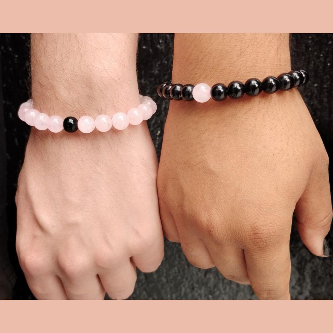Pulseira Quartzo Rosa E Preto Par Casal Kit 2 Un Combo