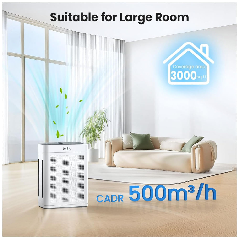Miniatura Purificador de Ar LUNINO para Residências Grandes de até 162 m²: HEPA Dupla Face com Filtro Lavável e Sensores de Qualidade do Ar.