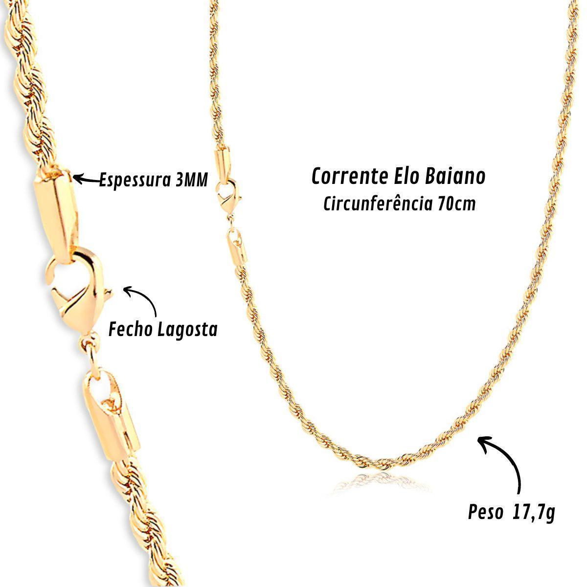 Miniatura Corrente Elo Baiano Masculino Banhado A Ouro 18K 3Mm 70Cm