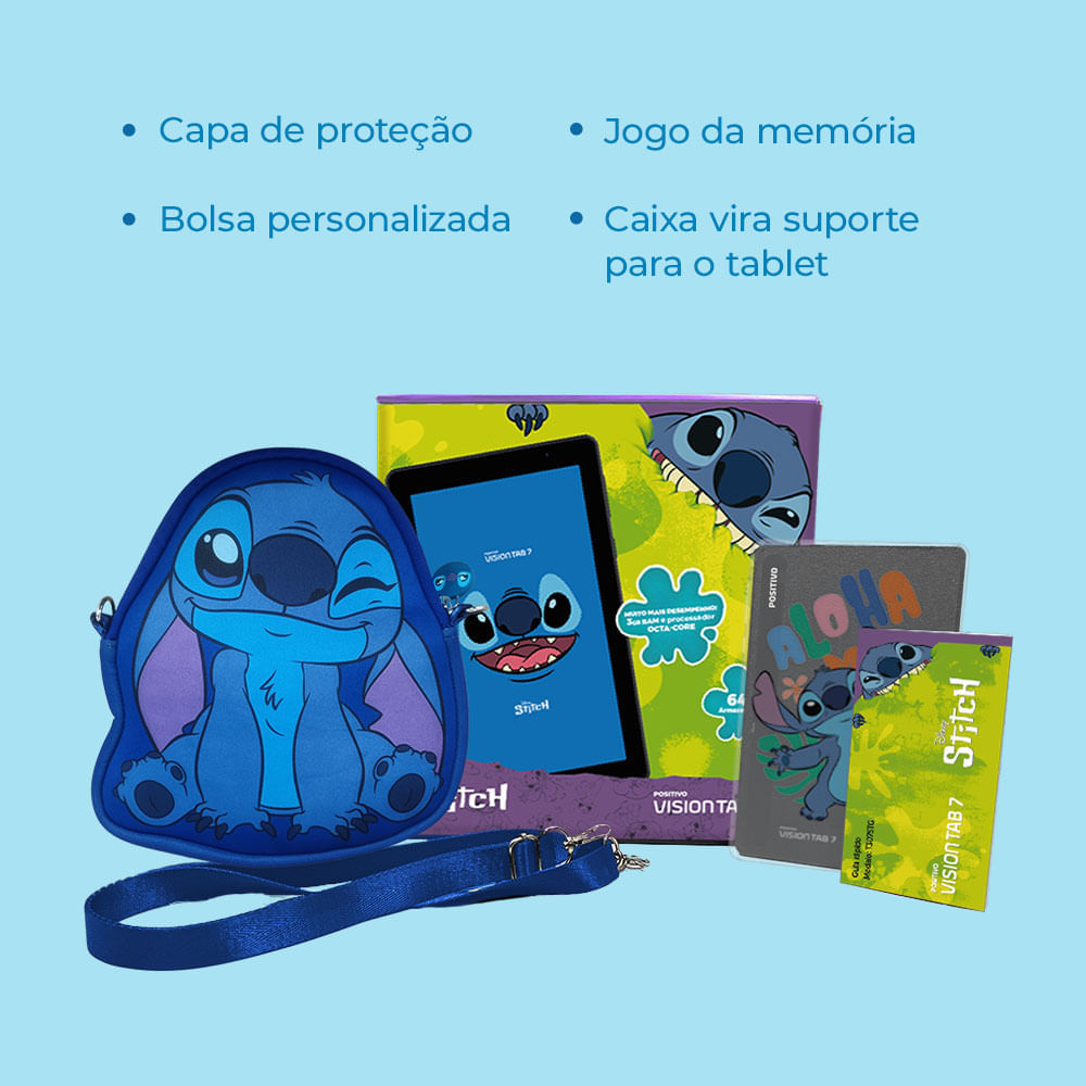 Miniatura Tablet Positivo Vision TAB 7 Stitch + Capa e Bolsa - Octa-Core 3GB RAM 64GB Android 14 Go Wi-Fi Tela 7” IPS – Preto