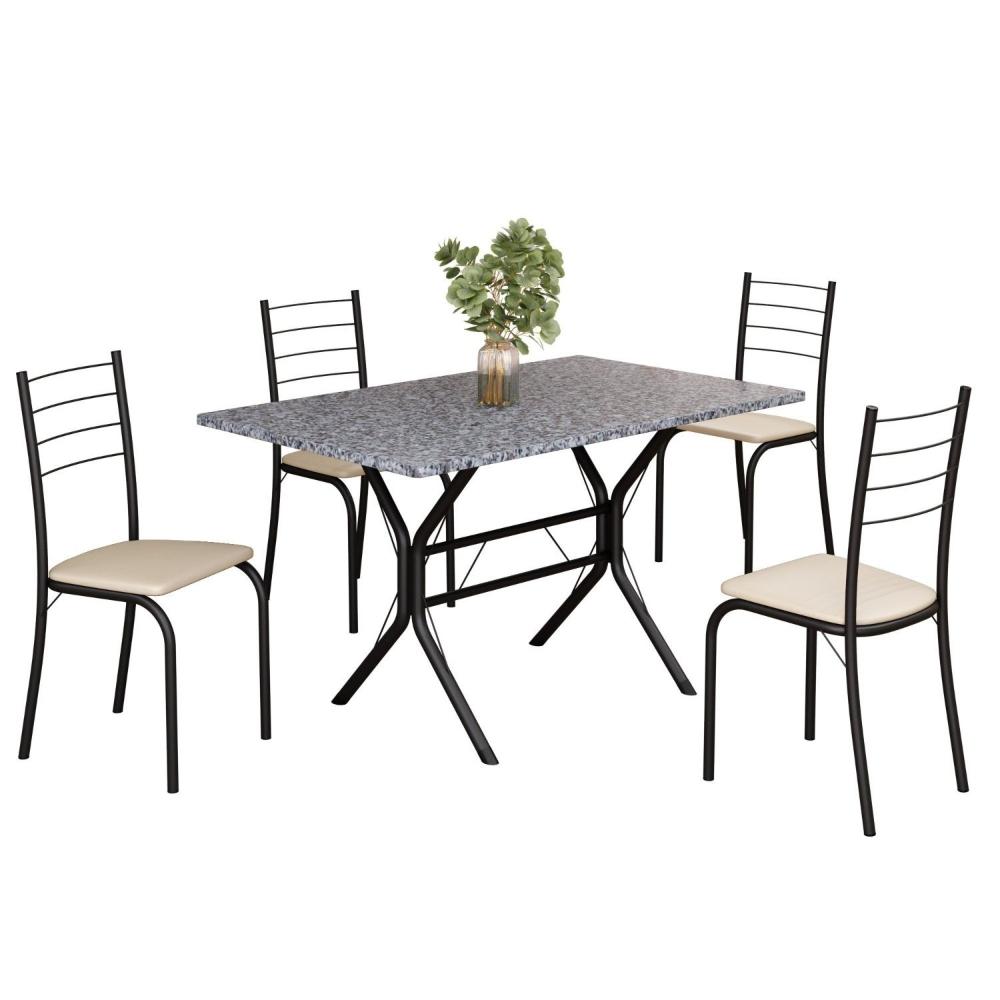 Miniatura Conjunto Sala de Jantar Mesa Retangular 100x60cm Tampo Granito Ocre 4 Cadeiras Rio Creme / Preto Fosco