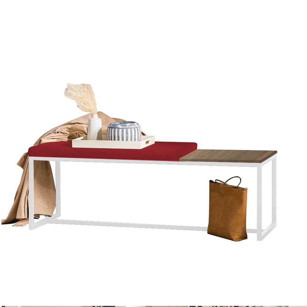 Miniatura Banco Recamier Puff 160cm Industrial Branco Suede Vermelho Tampo Quadrado Mdf Castanho