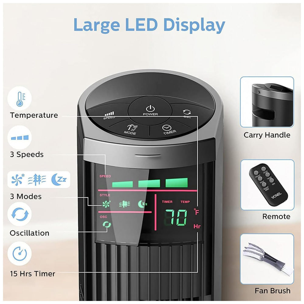 Miniatura Ventilador de Torre com 3 Velocidades, Controle remoto e Silencioso, 110V Simples Deluxe, Preto