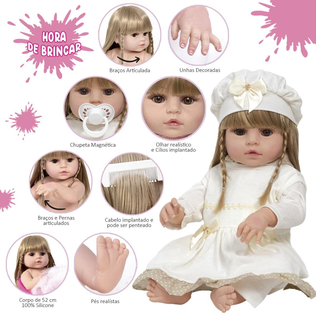 Miniatura Boneca Reborn Loira 100% Silicone Com Bolsa Vários Itens