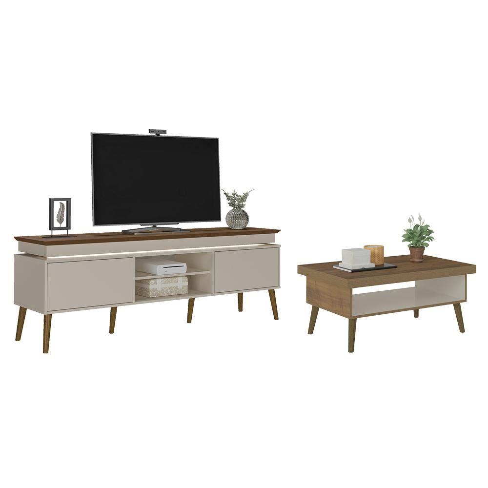 Miniatura Jogo Mesa De Centro E Rack Camberra Pinho Off White