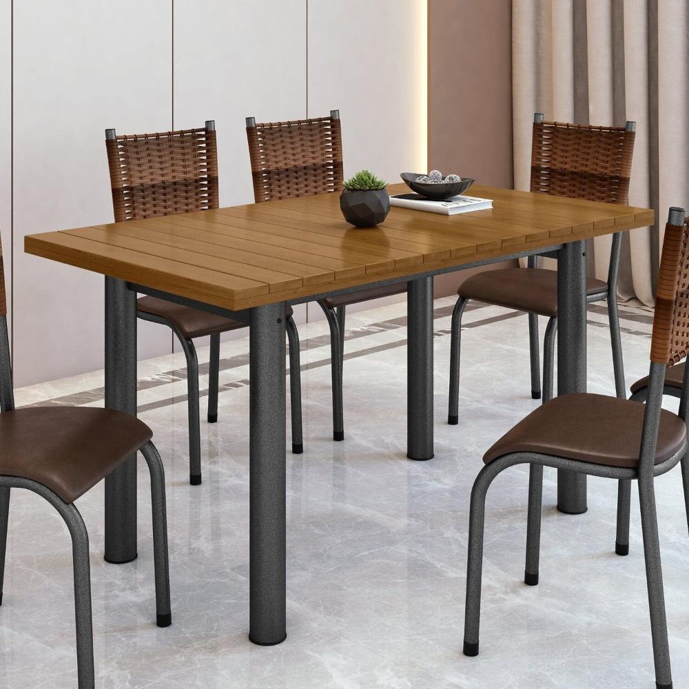 Miniatura Mesa Retangular Tampo Madeira Maciça Ripado 140x75cm Base Tubo 3" Madeira Maciça/Preto