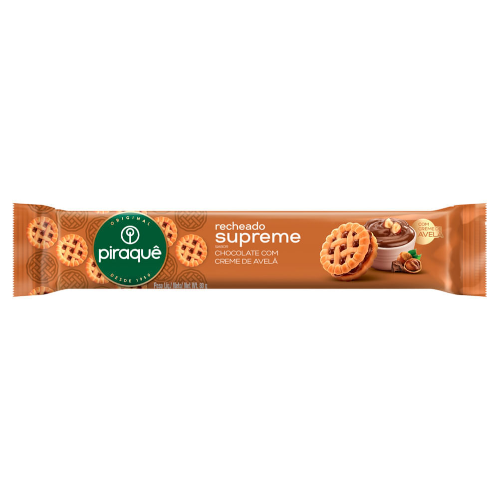 Miniatura Biscoito Recheado Piraquê Supreme Sabor Chocolate com Creme de Avelã 80g