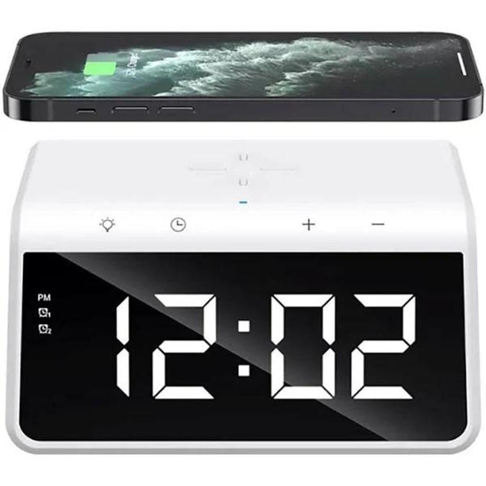 Carregador Indução Relógio Digital Com Abajur Led Colorido Premium Branco