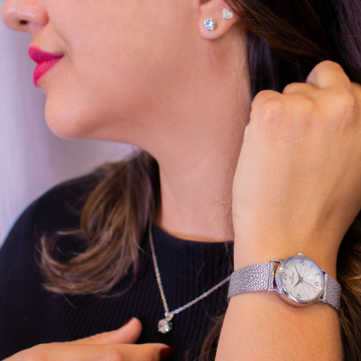 Miniatura Relógio Feminino Champion Texturizado Mini Prata CF24091Q + Colar e Brincos