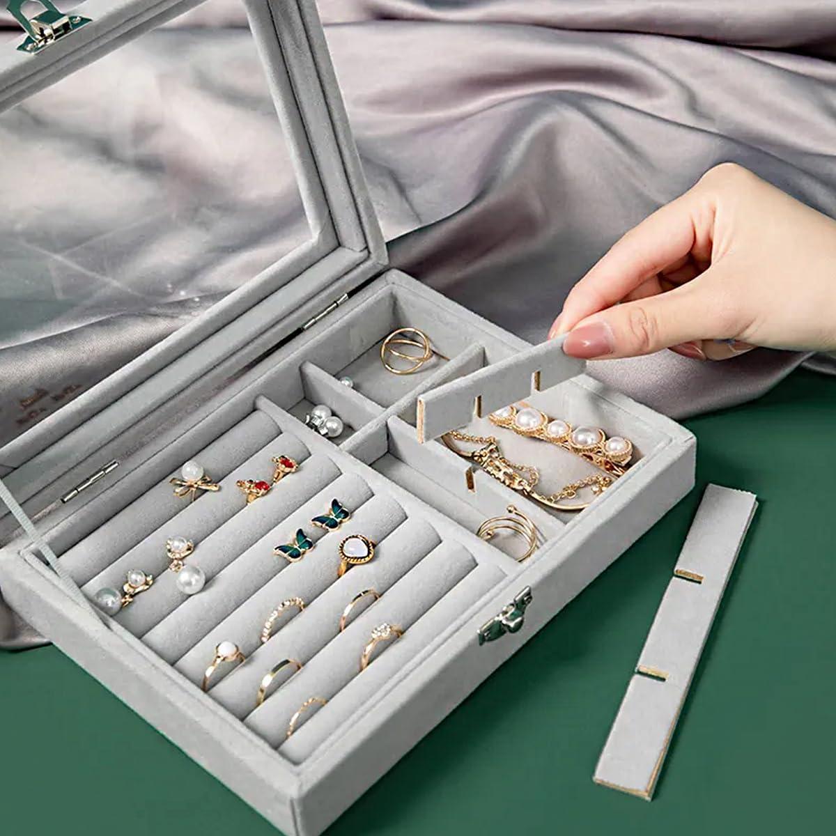 Miniatura Porta Joias Com Divisórias Organizador Tampa Luxo Cinza