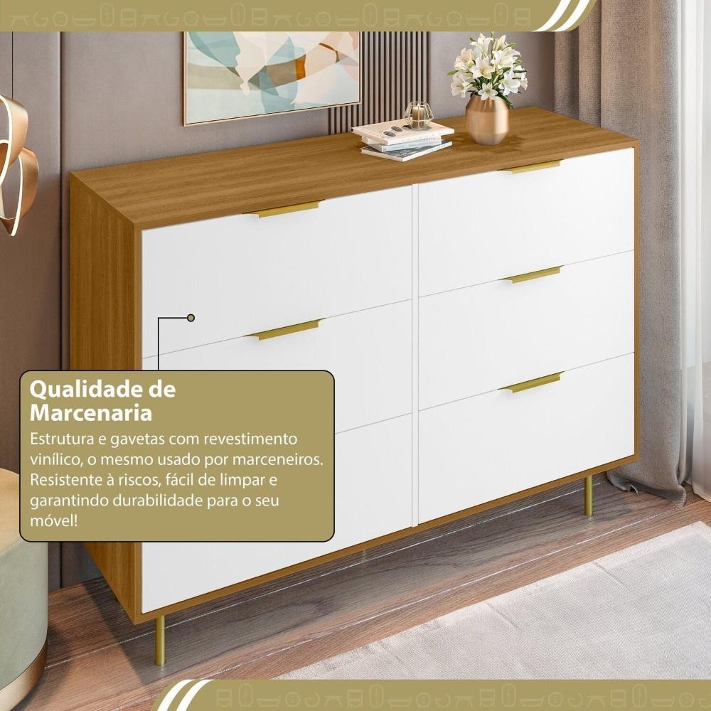 Cômoda para Quarto com 6 Gavetas 135cm X 102cm Safira Freijó/Branco