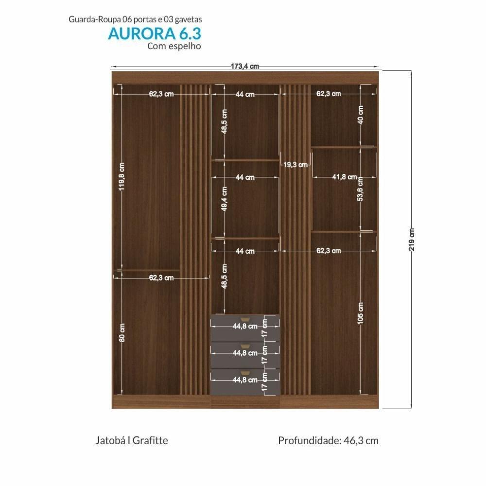 Miniatura Guarda-roupa Aurora 03 Portas com Espelho Jatobá/Grafite