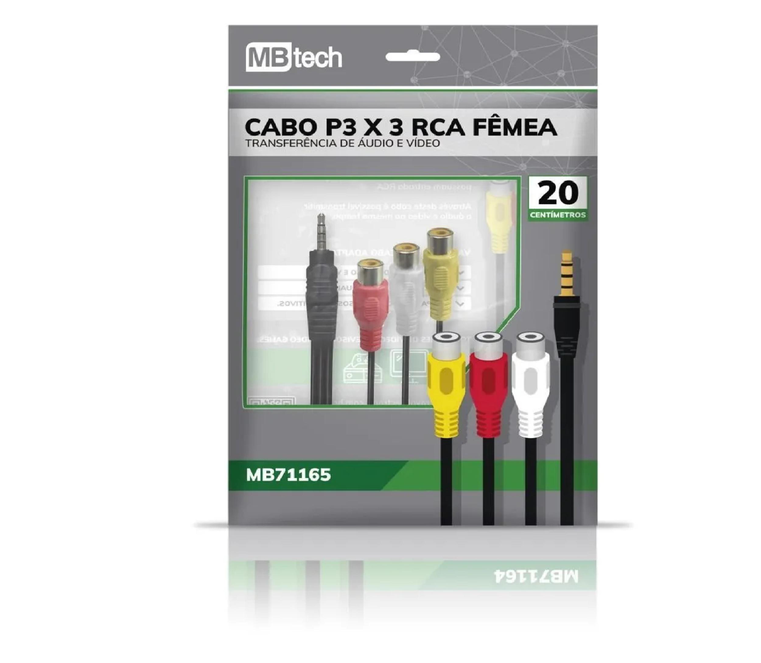 Miniatura Cabo De Áudio P3 Para 3Rca Fêmea Estéreo 20Cm Mb71165 Mbtech 20 cm - P3 - RCA Fêmea - 1 entrada - 3 saídas - P3 x RCA Fêmea