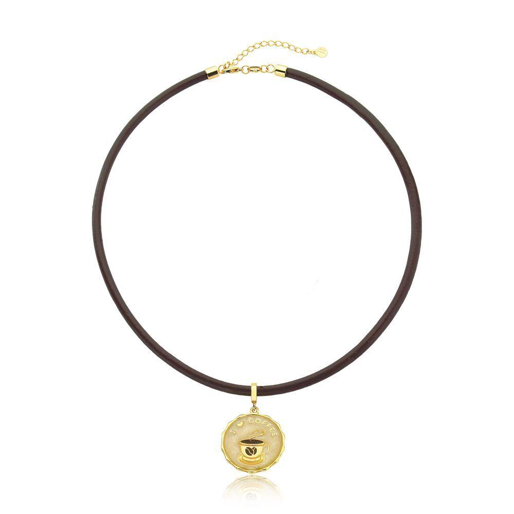 Miniatura Colar Vl De Couro Medalha I Love Coffee Revestido Em Ouro