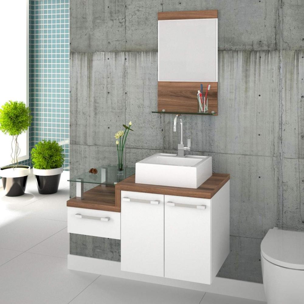 Miniatura Gabinete para Banheiro 2 Portas 1 Gaveta com Cuba Q35 e Espelheira Legno 831W Espresso Móveis Branco/Nogal