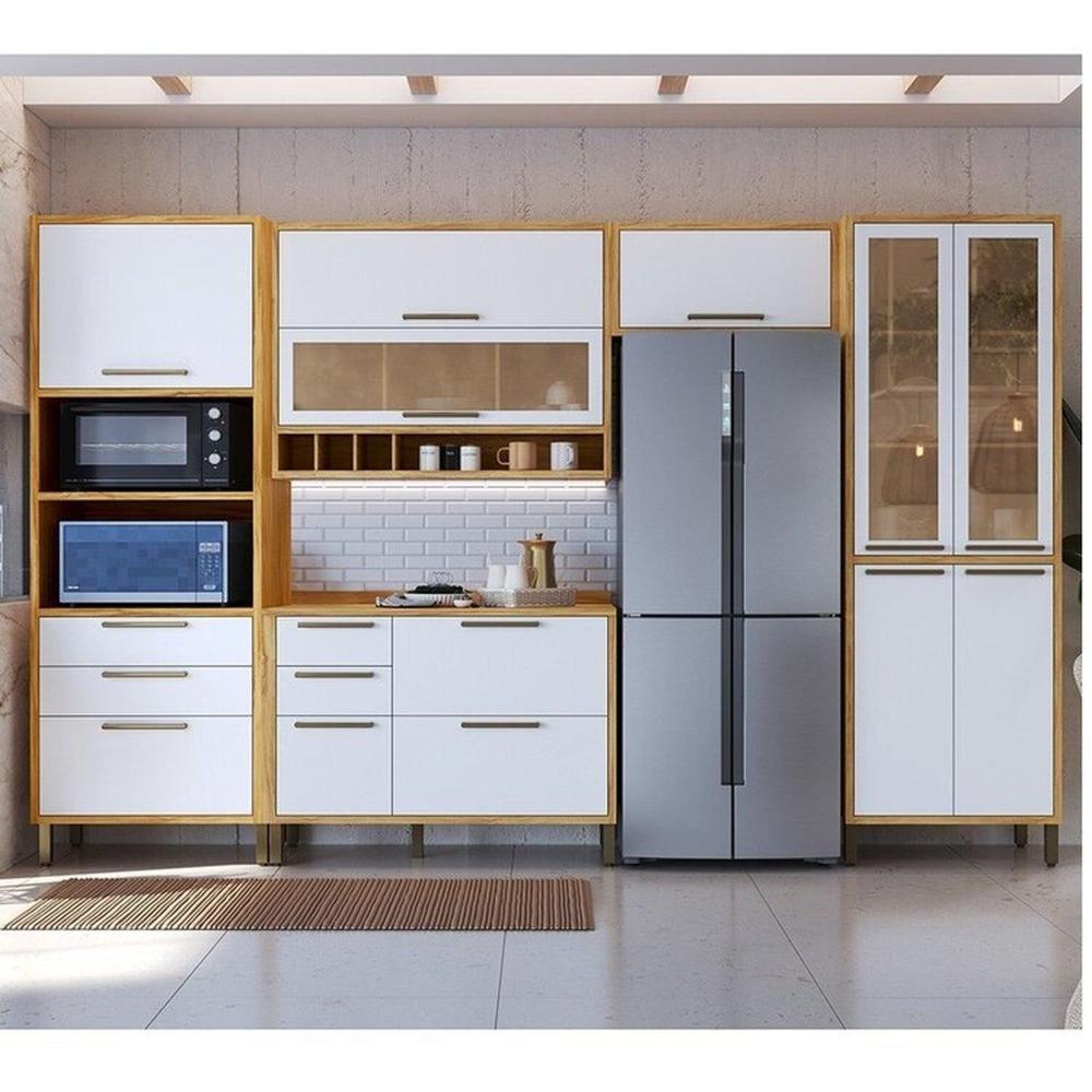 Miniatura Cozinha Modulada Completa 5 Peças 11 Portas e Vidro Reflecta 349cm 100% Mdf Vicenza Espresso Móveis Amêndoa/Branco