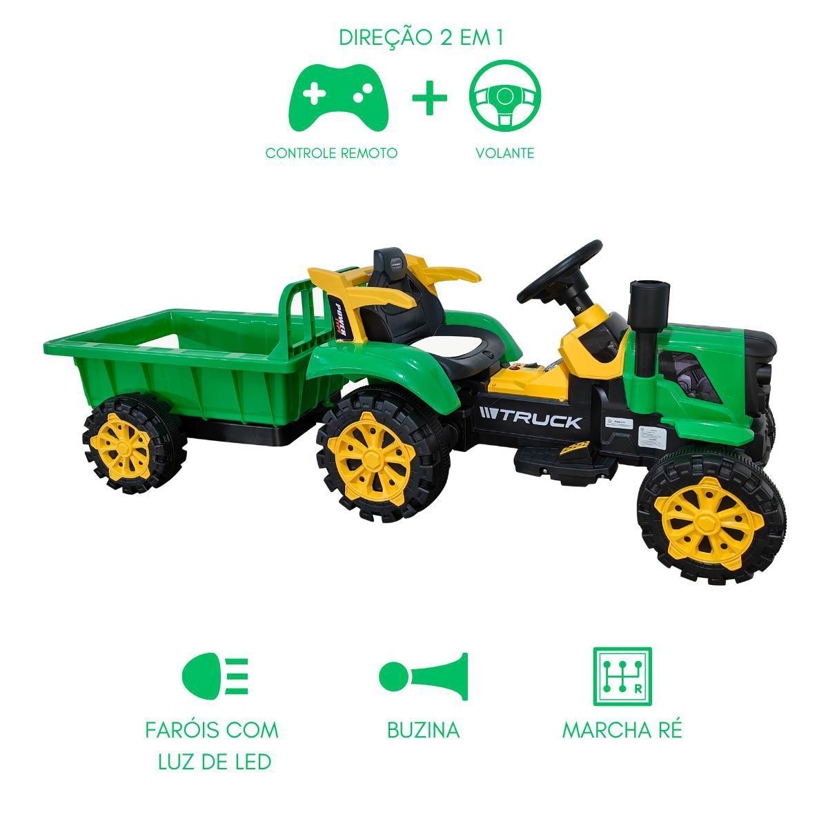Trator Elétrico Infantil 12V Verde Caçamba Música Mp3 Pedal