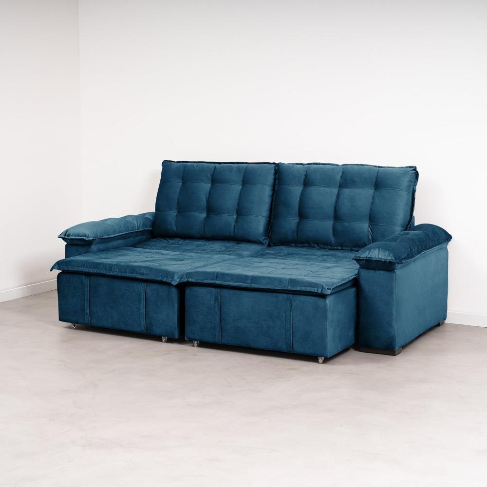 Miniatura Sofá Cama Palmeira 3 Lugares Retrátil Reclinável 2,20m Veludo com Molas CabeCasa MadeiraMadeira Azul