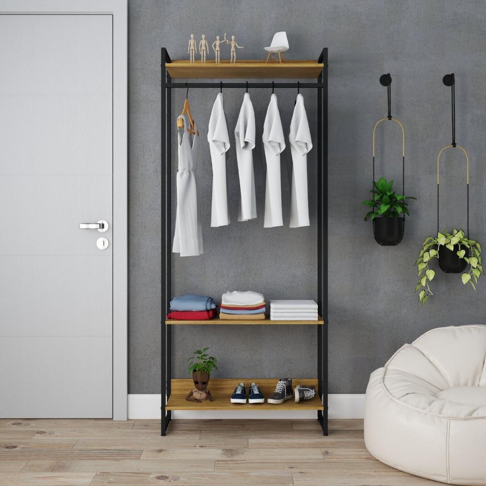 Miniatura Estante Closet Arara Industrial 3 Prateleiras 187x80cm Dynamica Yescasa Lamina Mel / Preto