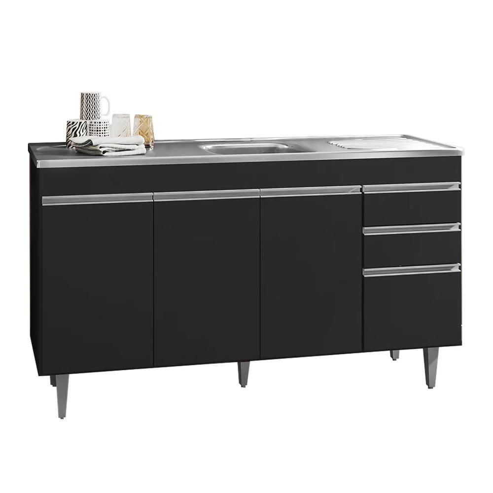 Miniatura Balcão De Cozinha Com Pia Inox 160cm 3 Gavetas Andréia Preto - Ajl Móveis